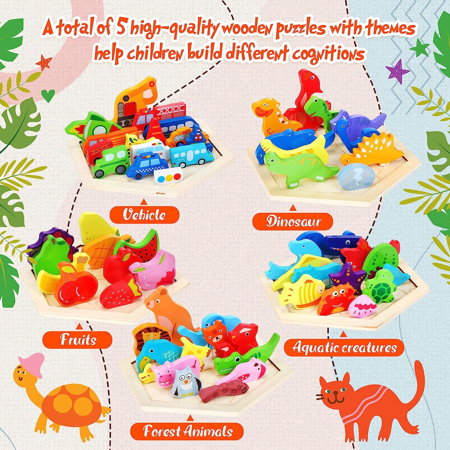 5 Pack Wooden Hexagon Puzzle for Kids, 3D Multi-Theme Dinosaurs, Animals, Fruits Food, Vehicles Puzzles for Boys and Girls, Learning Toy Gifts for Preschoolers