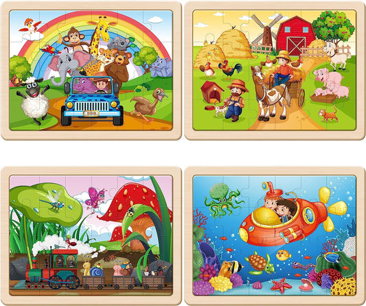 Wooden Puzzles for Kids Ages 3-5, 4 Packs 24 PCs Wood Jigsaw Puzzles Preschool Educational Brain Teaser Boards Toys, Zoo Farm Insect Sea Animals, Children Gifts for 3 4 5 6 Year Old Boys Girls
