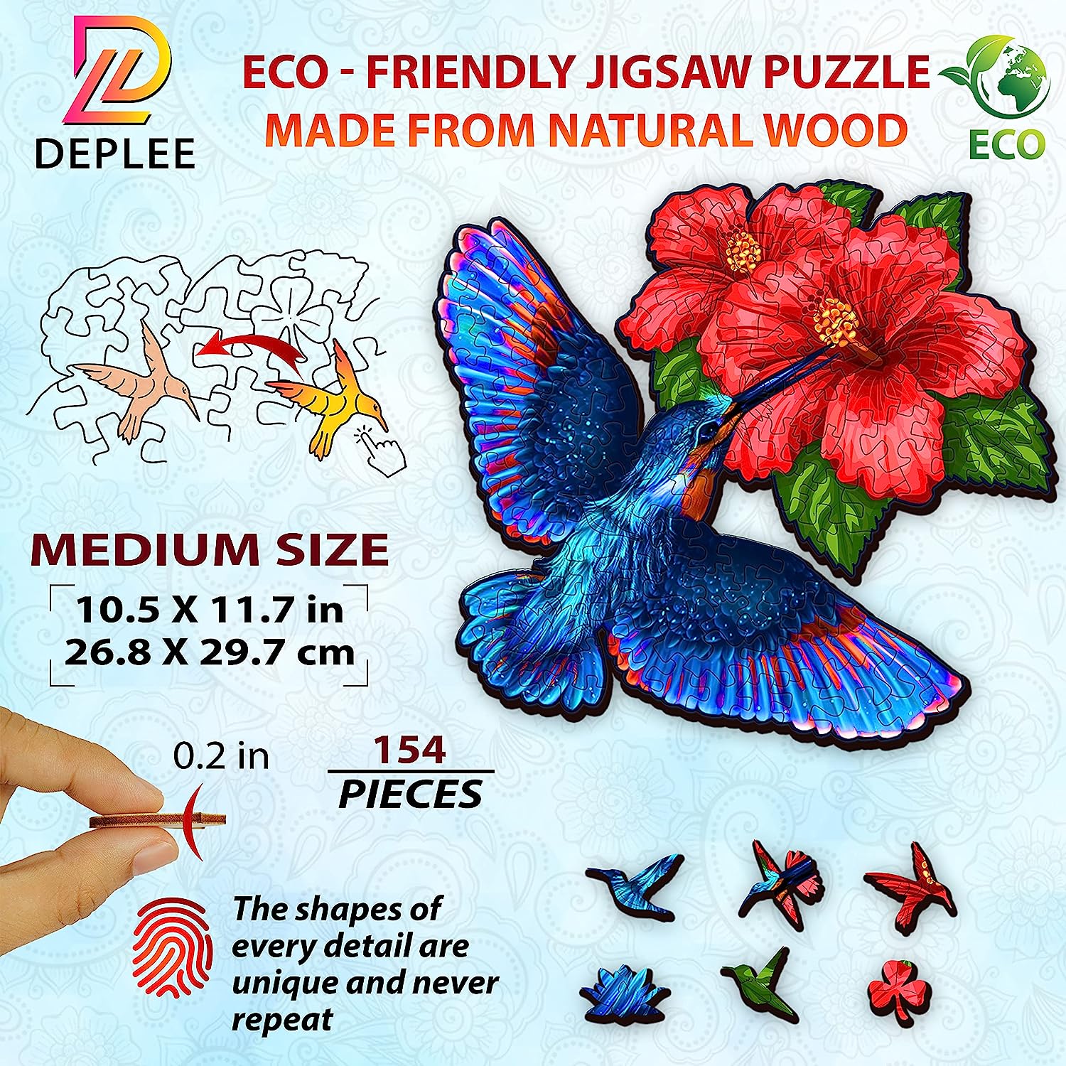 Wooden Puzzle Jigsaw, Hummingbird Hibiscus Flowers Puzzle Toy Artwork, Animal Unique Shape Creative, Best Challenge Game for Adult, Friend, Family|178 Pcs– 10.57 x 11.71 in- Medium