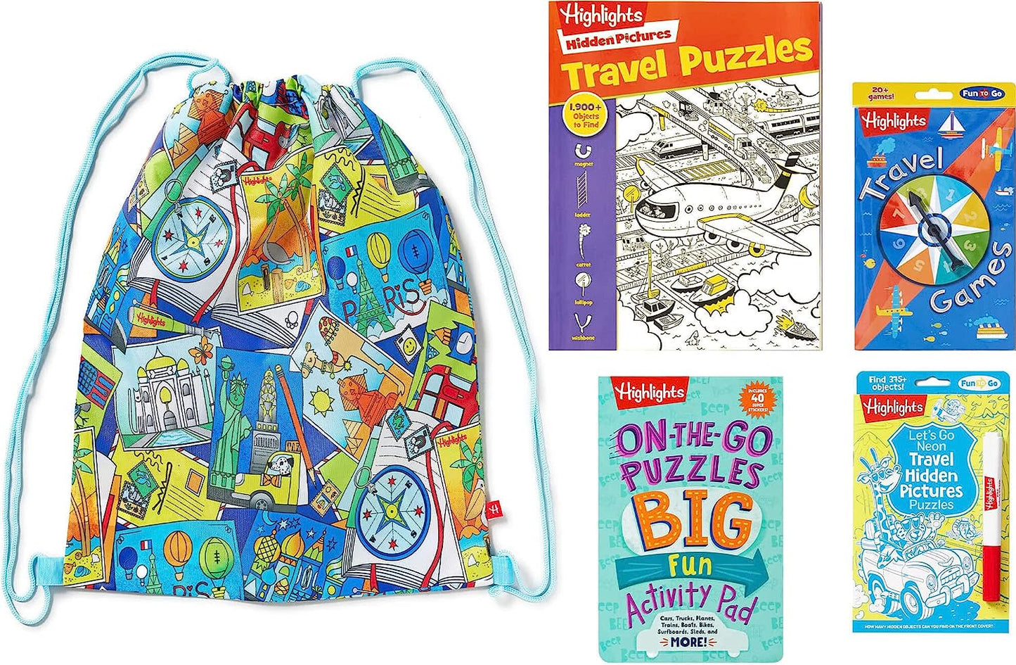 Highlights Travel Collection for Kids, 4-Book Set of Travel-Friendly Fun with Travel-Themed Sling Backpack, Ages 6+