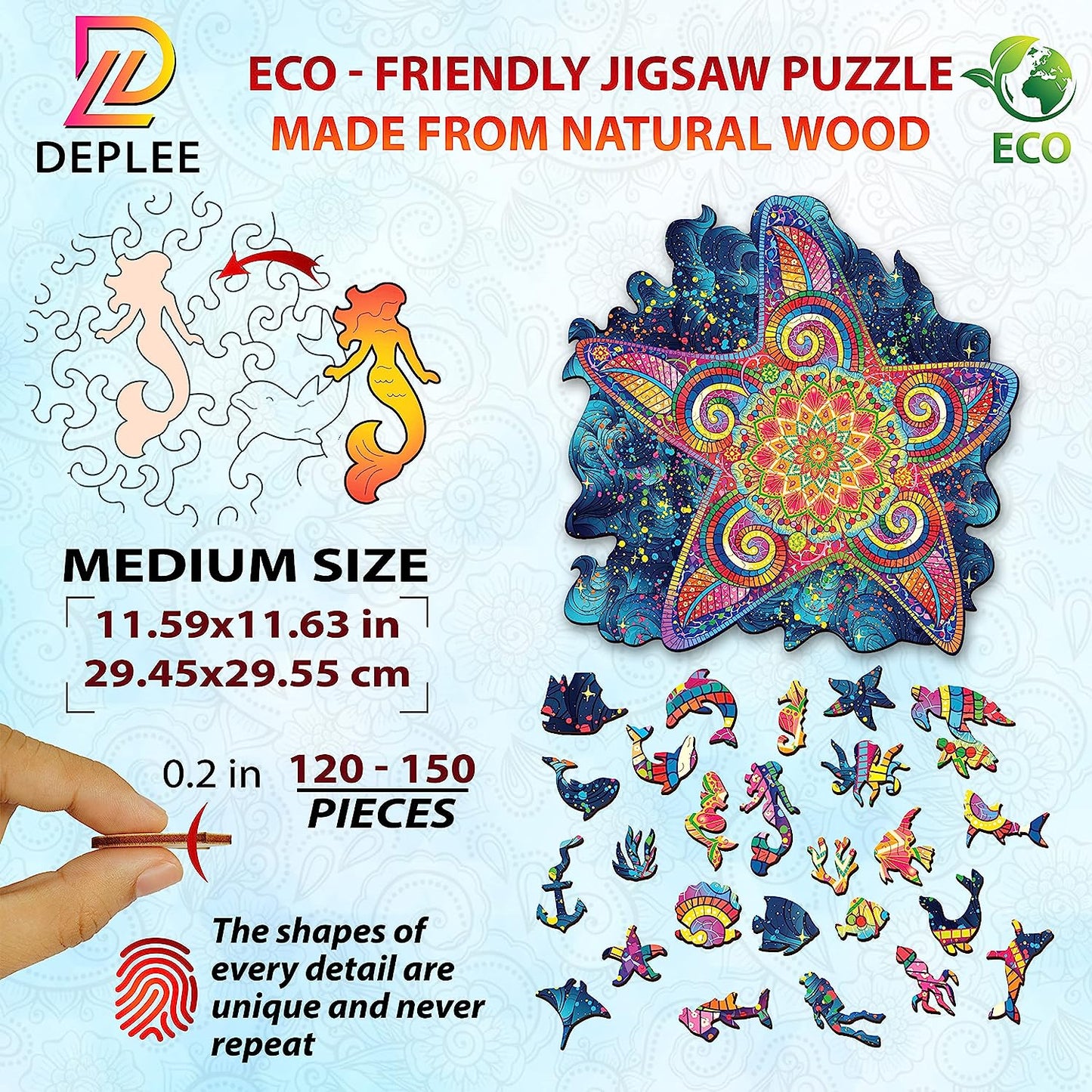Wooden Puzzles for Adults Starfish Wooden Jigsaw Puzzles Unique Shape Wooden Animal Puzzle Creative Challenge for Adults, Family, Friend|205 Pcs– 11.6x11.6 in| Medium