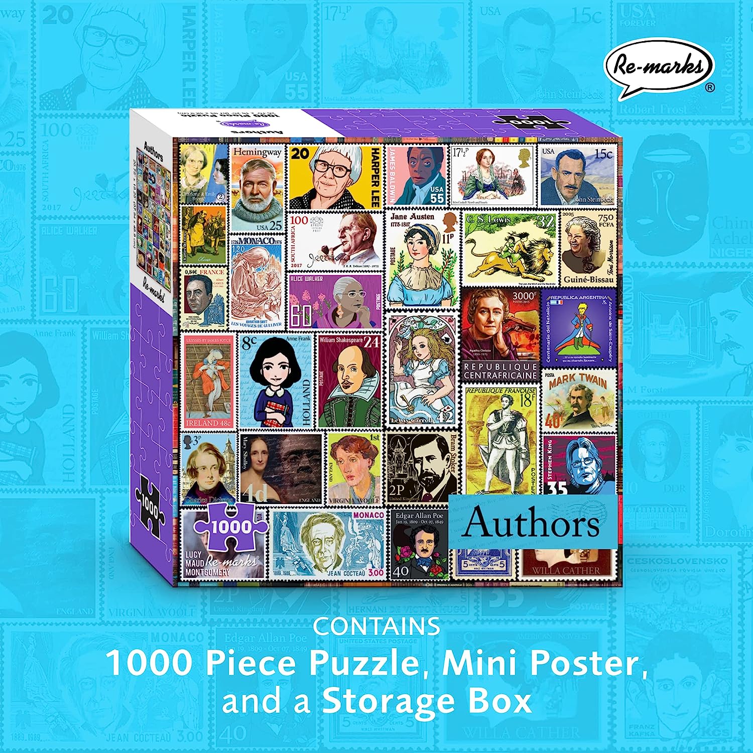 Famous Authors Postage-Stamp Collage Puzzle, 1000 Piece Jigsaw Puzzle for All Ages