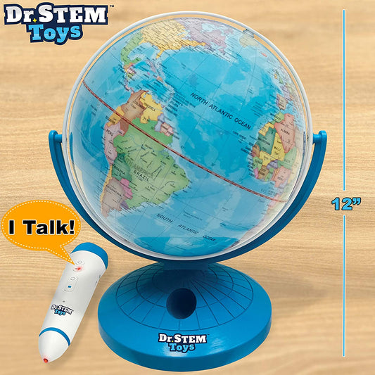 Talking World Globe with Interactive Stylus Pen and Stand, Colorful Map for Early Learning and Teaching - Includes Trivia, Q&A, and Music - 9 Inches in Height, Ages 6+