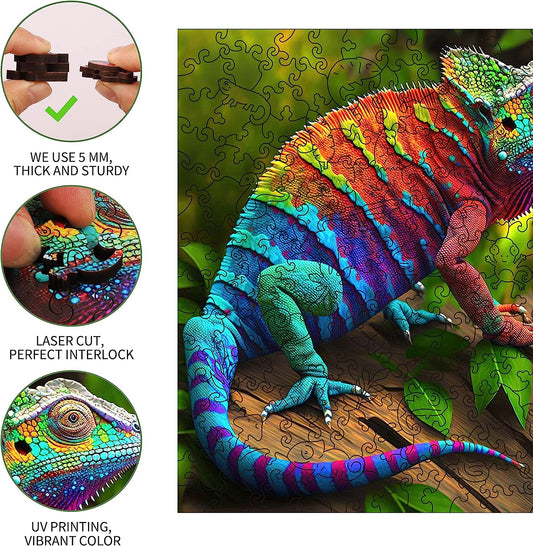 Wooden Jigsaw Puzzle, Creative Gift for Parents Grandparents, Chameleon 200 Pcs, Medium Size 9''x 9'' Unique Shape, Beautiful Box Packing, Fun Challenging Brain Exercise Game for Adults