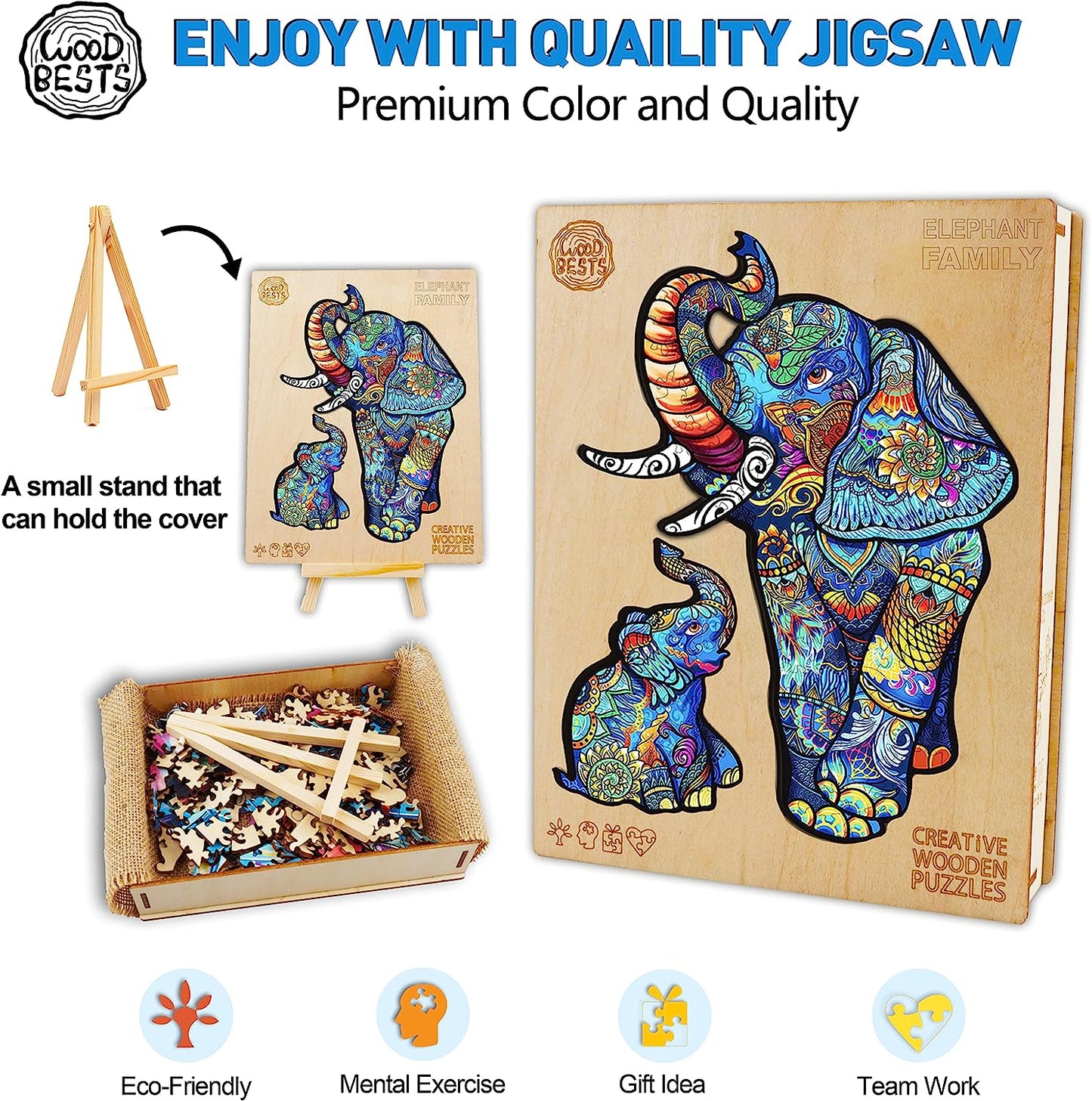 Wooden Jigsaw Puzzles for Adults, Elephant Puzzle with Beautiful Gift Package, Wooden Animal Puzzle, Unique Shaped Pieces, Best Gifts for Adults and Kids Family Game (L-17x12.5in-265pcs)