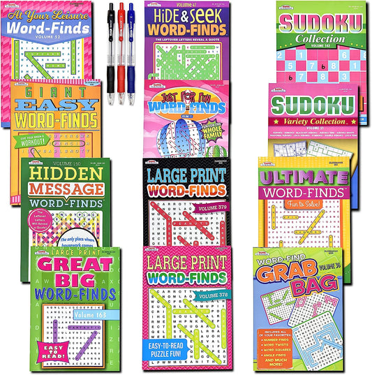 17-Pack 1400+ Sudoku Puzzles for Adults, Large WordSearch Puzzle for Adults, Aging Seniors Brain Stimulation Activity Books (Variety Pack Bulk) - Large 8x10 & Digest 5x8 Combo