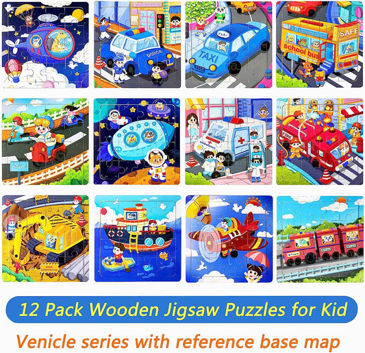 Wooden Jigsaw Puzzles for Kids Ages 3-5 Toddler Puzzles 16 Pieces Wooden Puzzles Preschool Educational Learning Toys Set Vehicle Puzzles for 3 4 5 6 Years Old Boys and Girls Gift (12 Pack Puzzles)