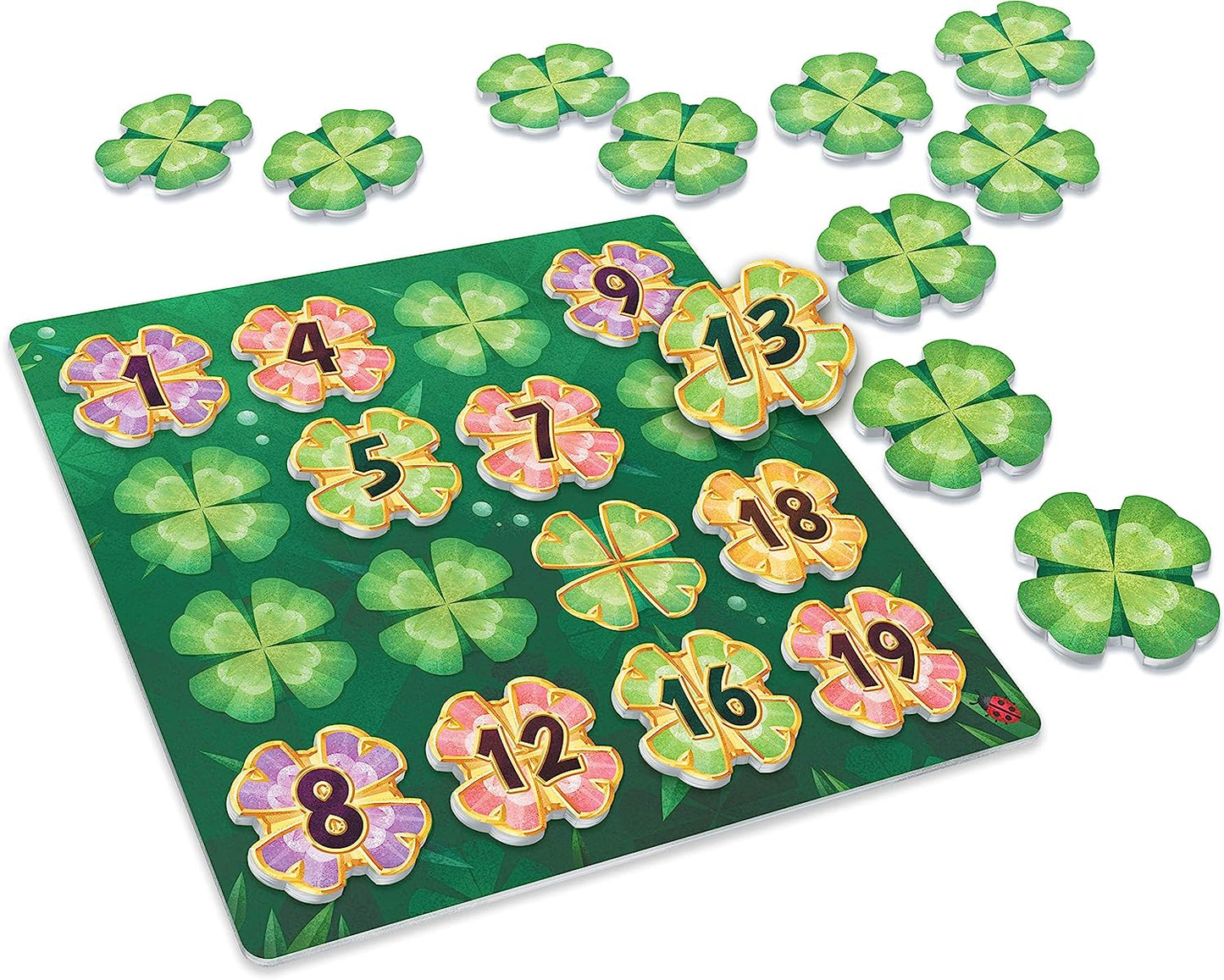 Lucky Numbers - Be First to Complete Your Garden; 1 Rule - Numbers in Each Row & Each Column Must be Arranged in Ascending Order; Draw, Place or Swap Clovers, 1-4 Players, 20 min, 8+