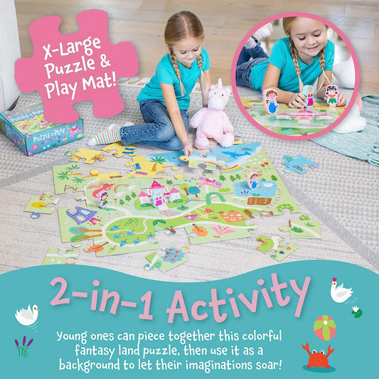 Puzzle and Play: Fantasy – 48-Piece Puzzle Includes 3 Wooden Fairy Tale Figurines — Great for Home or Classroom Use — for Kids Ages 3 & Up
