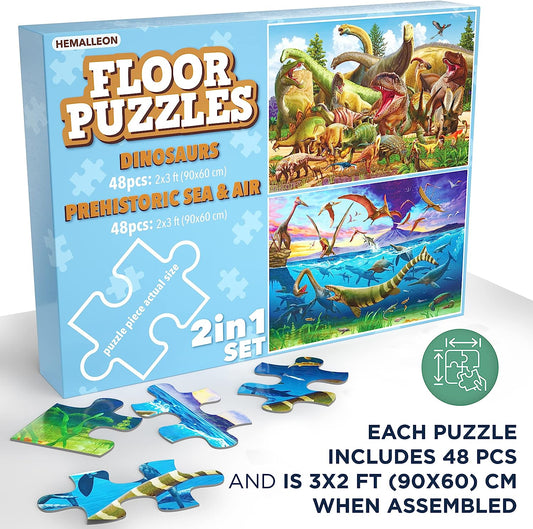 2in1 Set Dinosaur Floor Puzzle (Each 48 pcs 3x2 ft), Puzzles for Kids Ages 3-5, Puzzles for Kids Ages 4-8, Floor Puzzles for Kids Ages 3-5, Kids Puzzles Ages 3-5, Dinosaur Puzzles for Kids Ages 3-5