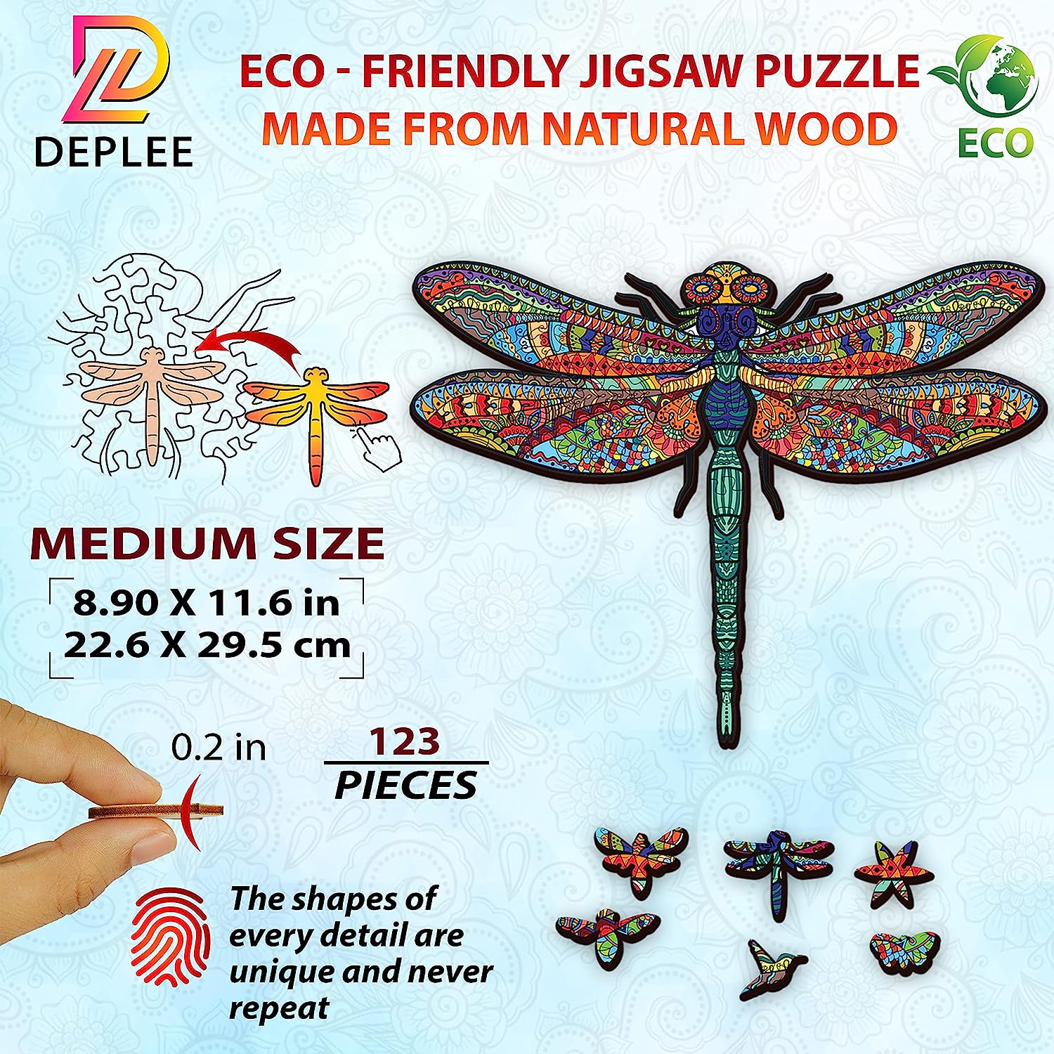 Wooden Puzzles for Adults Dragonfly Wooden Jigsaw Puzzles Unique Shape Wooden Animal Puzzle Creative Challenge for Adults, Family, Friend|119 Pcs – 8.9 x 11.62 in (22.61x29.54cm)- Medium