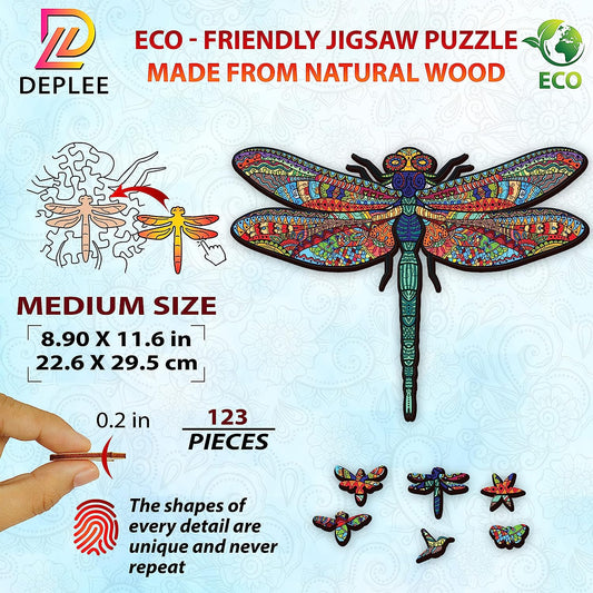 Wooden Puzzles for Adults Dragonfly Wooden Jigsaw Puzzles Unique Shape Wooden Animal Puzzle Creative Challenge for Adults, Family, Friend|119 Pcs – 8.9 x 11.62 in (22.61x29.54cm)- Medium