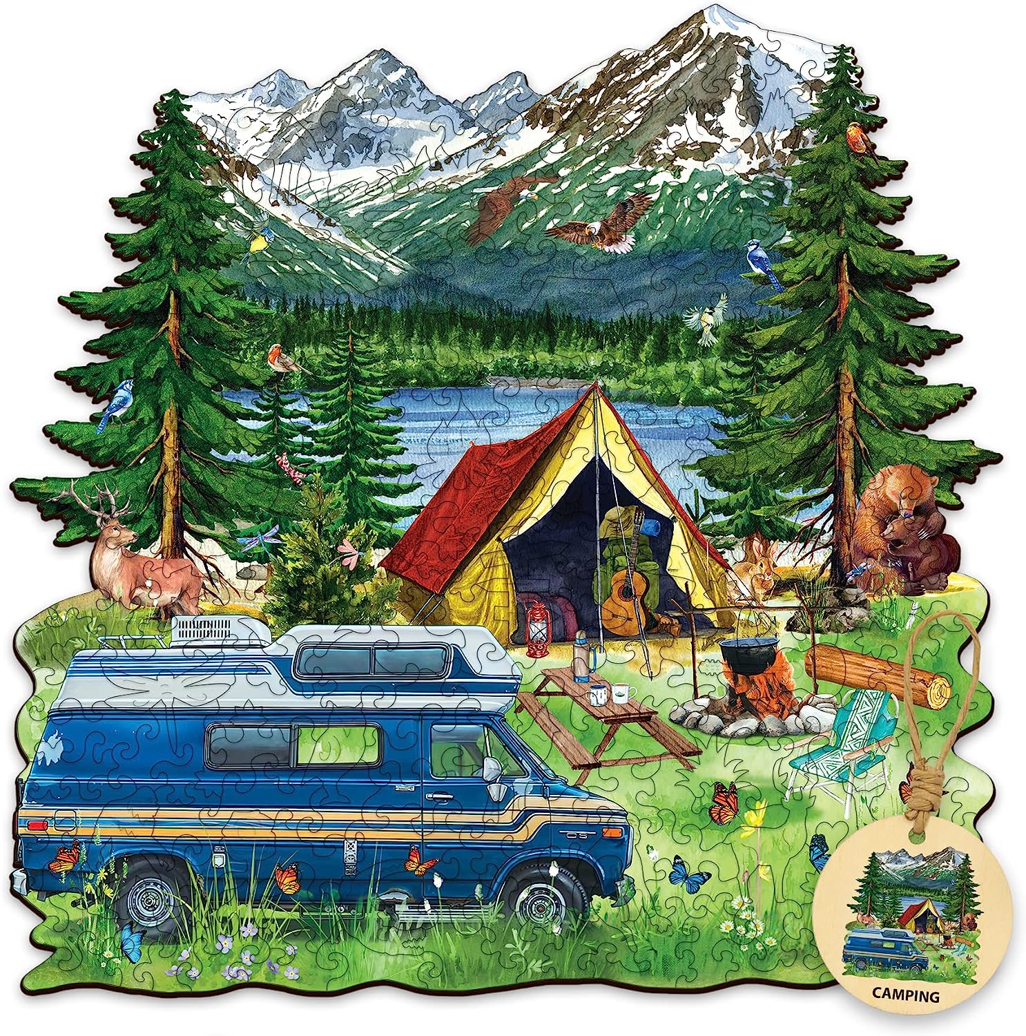 Wooden Puzzles for Adults Camping Wooden Jigsaw Puzzles Unique Shape Wooden Animal Puzzle Creative Challenge for Adults, Family, Friend|198 Pcs– 11.6x11.6 in|Medium