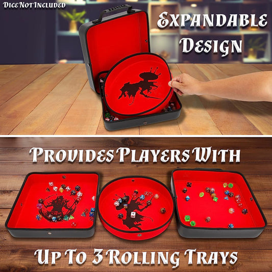 XL Dice Tray and DND Dice Holder Travel Case for Up to 700 RPG Dice - Expanding Design with 3 Dice Rolling Tray Arenas, Embossed PU Leather Exterior and Printed Dice Trays