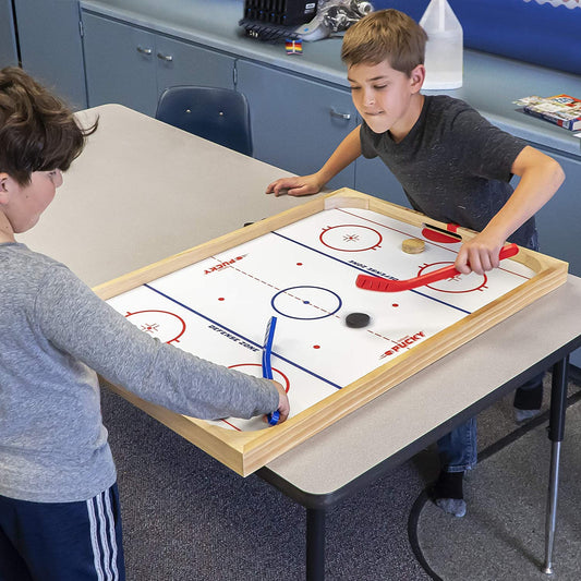 Ice Pucky Wooden Tabletop Hockey Game for Kids & Adults - Includes 1 game board, 2 Hockey Sticks & 3 Pucks