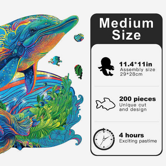 Unique Wooden Jigsaw Puzzles - Current Dolphin, 200 Pcs Medium Size 11.4'' x 11'', Luxurious Animal Shaped Wood Puzzle, Beautiful Package, Best Gift for Adults and Kids, Family Game