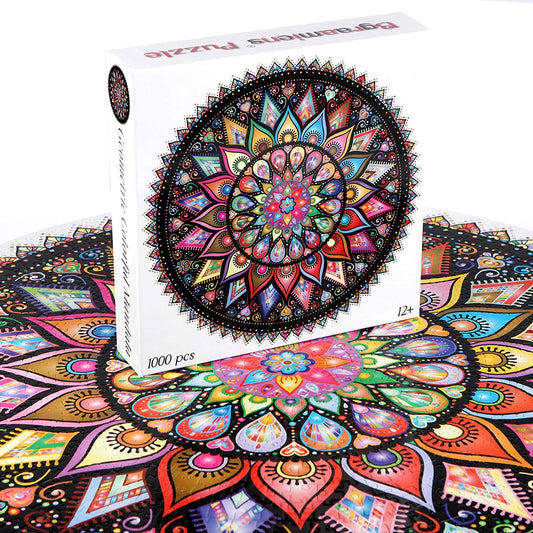 Puzzle-Geometric Colorful Mandala-1000 Pieces Creative Geometric Round Blue Board Colorful Mandala Jigsaw Puzzle