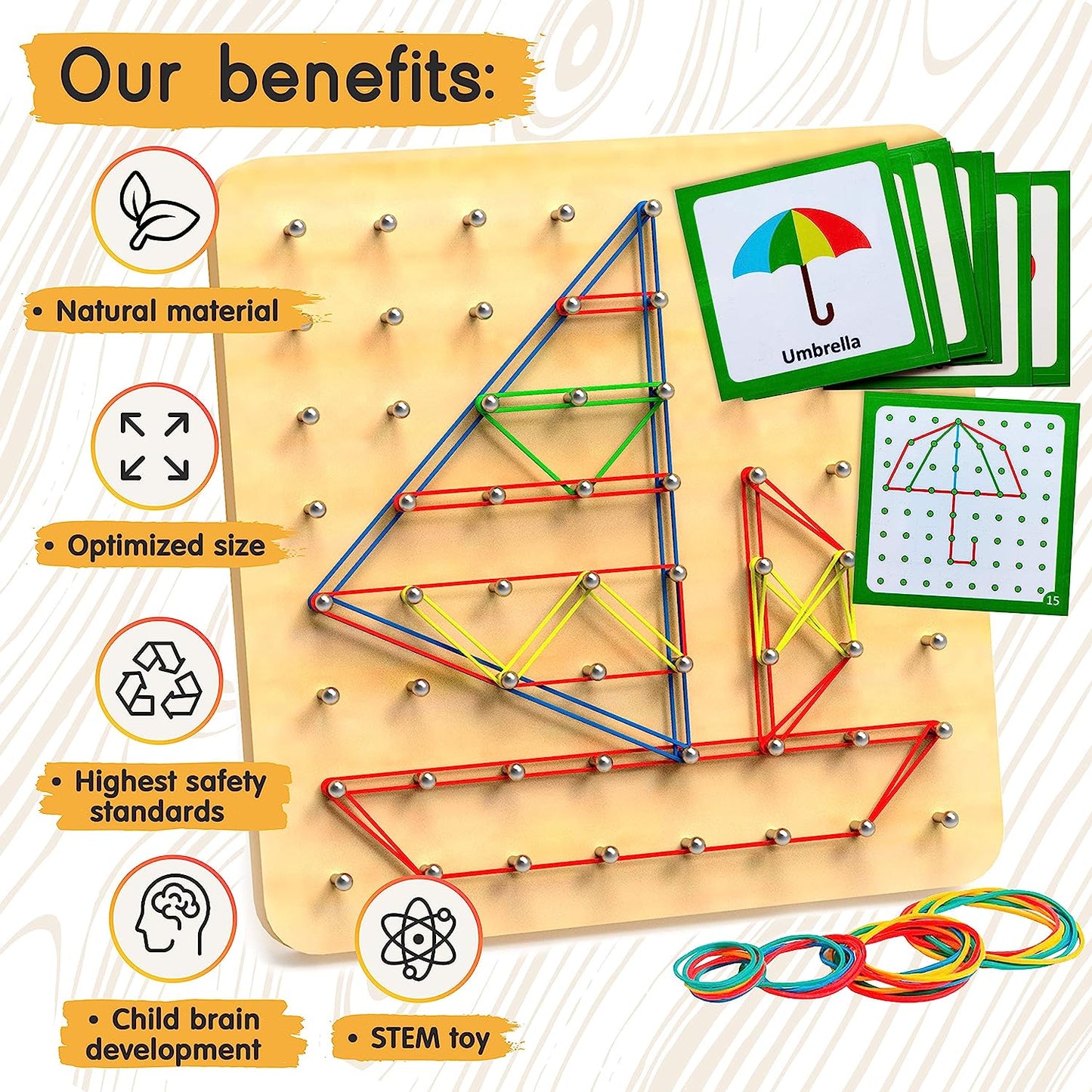Wooden Geoboard - Toys for 3 4 5 Year Old Kids and Toddlers, Educational Toy with 30 Pattern Cards and 40 Rubber Bands to Create Figures, Brain Teaser STEM Toy Geo Board