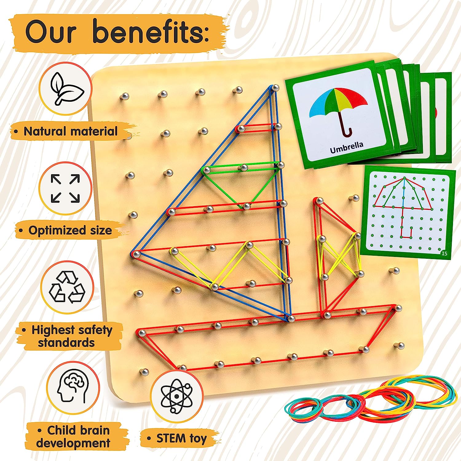 Wooden Geoboard - Toys for 3 4 5 Year Old Kids and Toddlers, Educational Toy with 30 Pattern Cards and 40 Rubber Bands to Create Figures, Brain Teaser STEM Toy Geo Board