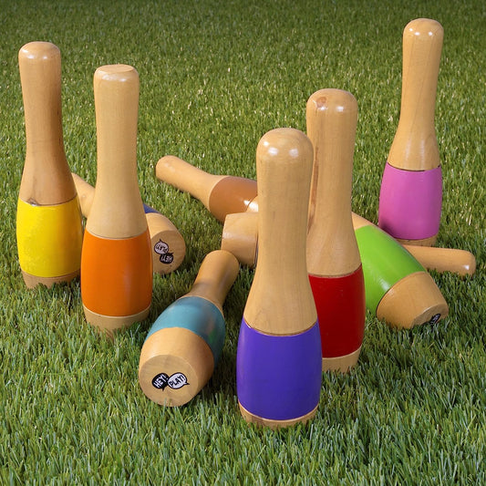 Lawn Bowling Game/Skittle Ball- Indoor and Outdoor Fun for Toddlers, Kids, Adults –10 Wooden Pins, 2 Balls, and Mesh Bag Set by (9.5 Inch)