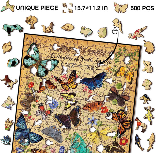Wooden Vintage Butterfly Puzzle for Adults 500 Piece, North America Flower Plant Butterflies Wooden Jigsaw Puzzle, Plant Puzzles for Adults as Monarch Butterfly Gifts, 15.7 * 11.2 in