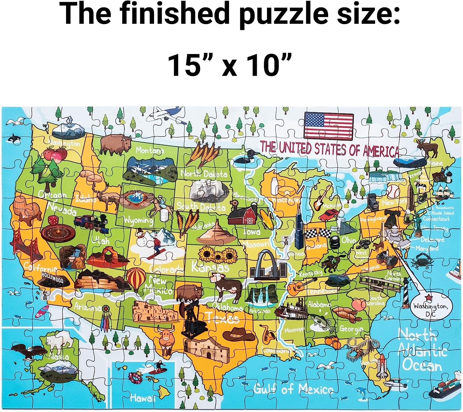 USA Map Wooden Jigsaw Puzzle 152 Piece, 15x10 inches