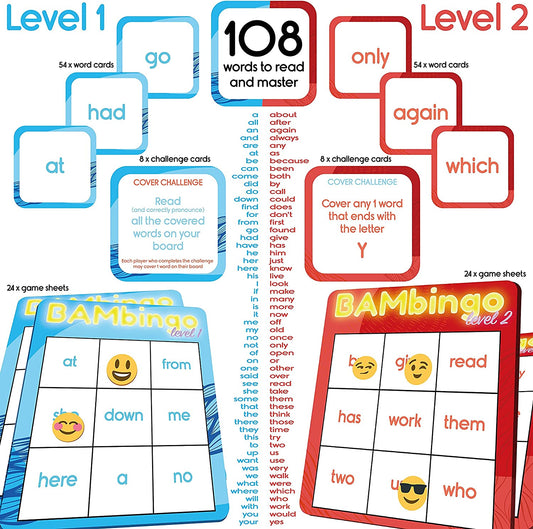Sight Word Bingo Game Level 1 and Level 2 - Learn to Read Vocabulary for Preschool Kids Kindergarten First Grade - Learning Dolch's Fry's Words Lists - Children's Reading Educational Flash Cards