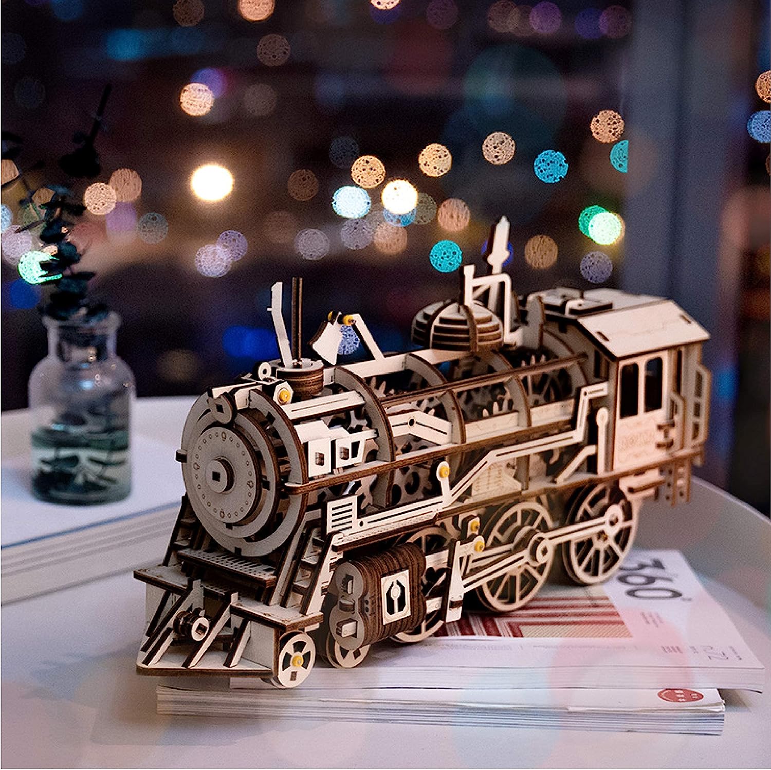 3D Assembly Wooden Puzzle Laser-Cut Locomotive Kit Mechanical Gears Toy Brain Teaser Games Best Birthday Gifts for Engineer Husband & Boyfriend & Teen Boys & Adults