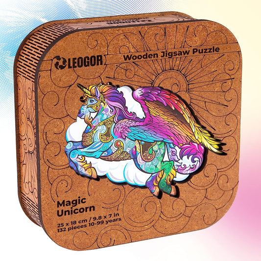 Original Magic Unicorn Wooden Jigsaw Puzzle (132 pcs - 9.8" x 7" in) with Intricate Animal and Plant Pieces - Unique Challenge for Adults and Kids