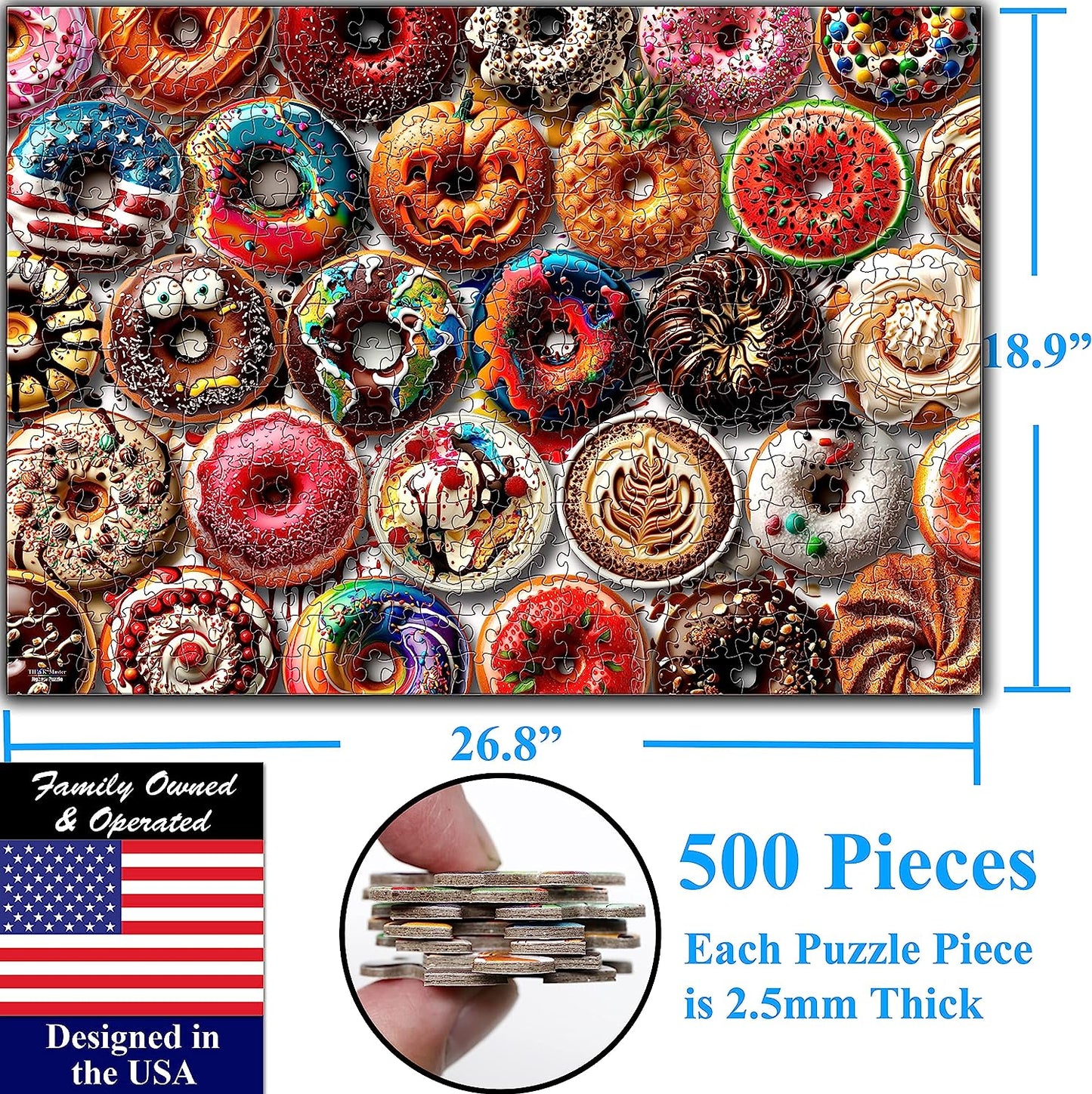 Donuts 500 Pieces Jigsaw Puzzle. Perfect White Elephant Gag Gift. Fun for Teens, Seniors & Families. Great Gift for Kids Ages 13+. Size: 26.8” x 18.9”