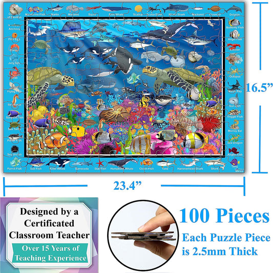Colorful Ocean Life 100 Pieces Jigsaw Puzzle Fun Educational Toy for Kids, School & Families. Great Gift for Boys & Girls Ages 4-8 to Stimulate Learning. Size:23.4” X 16.5”