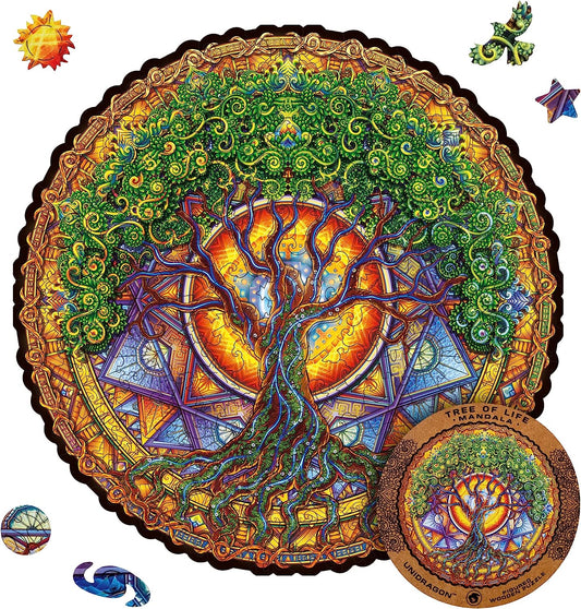 Original Wooden Jigsaw Puzzles - Mandala Tree of Life, 200 pcs, Medium 9.8"x9.8", Beautiful Gift Package, Unique Shape Best Gift for Adults and Kids