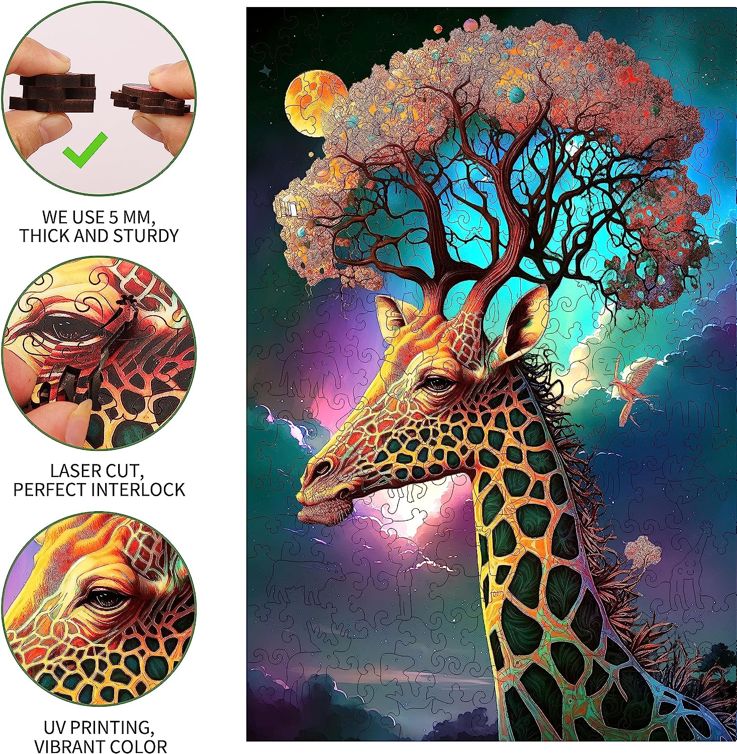 Wooden Jigsaw Puzzle for Adults Creative Gift for Parents Grandparents Thinking Giraffe 300 Pcs King Size Unique Shape Beautiful Box Fun Challenge Brain Exercise Game